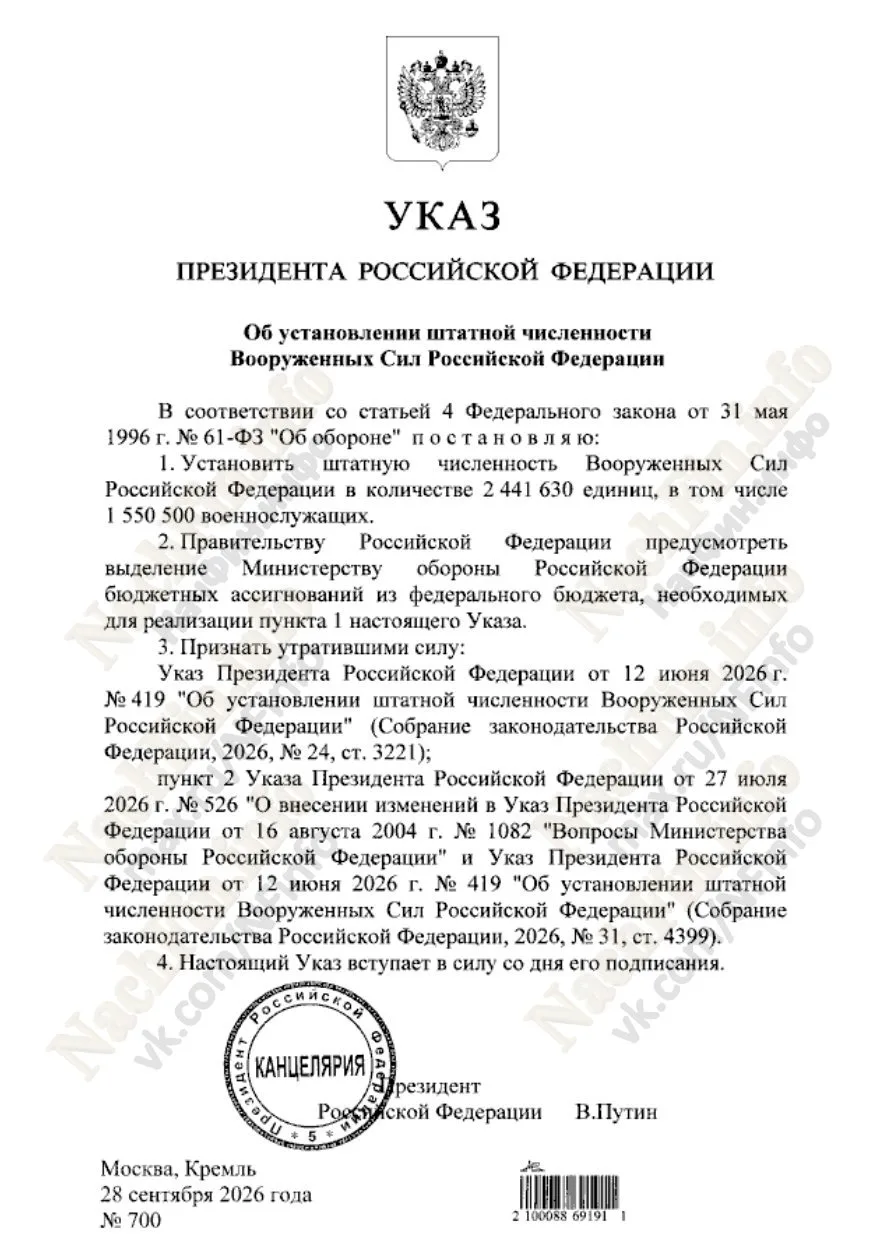 🪖 Путин увеличил штатную численность российской армии