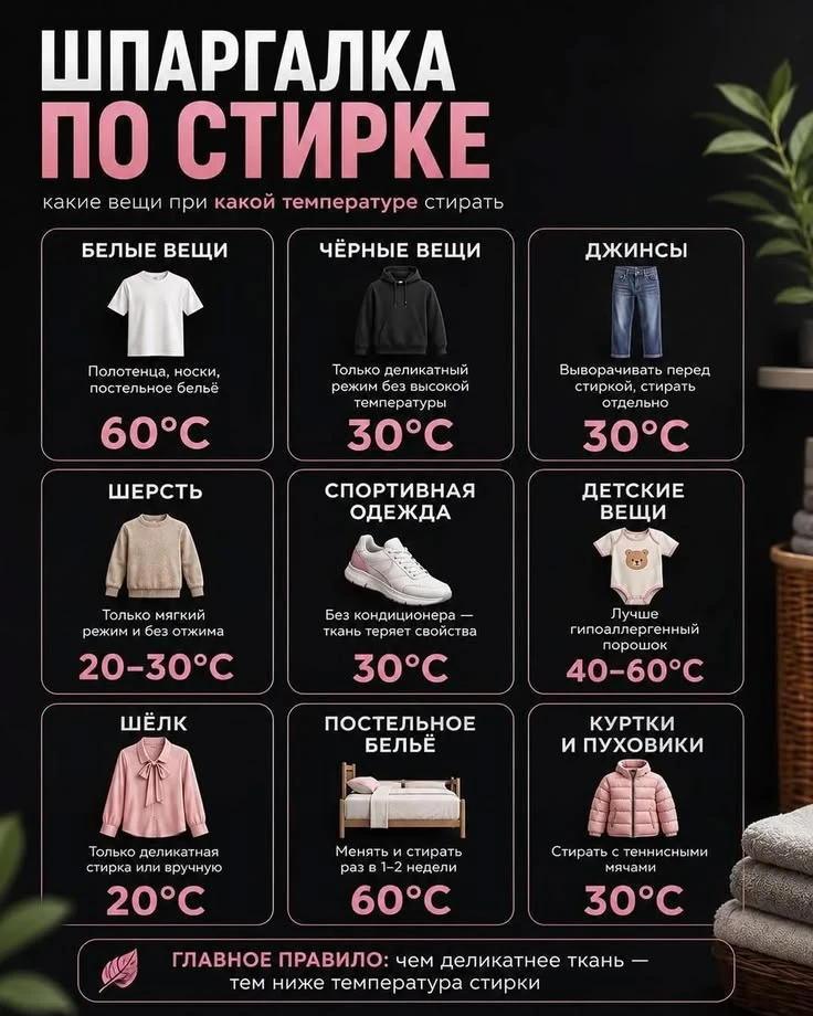 Шпаргалка по стирке: Какие вещи при какой температуре стирать ✨👕
