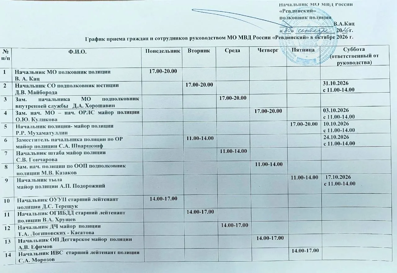Октябрьский график приёма в полиции Ревды