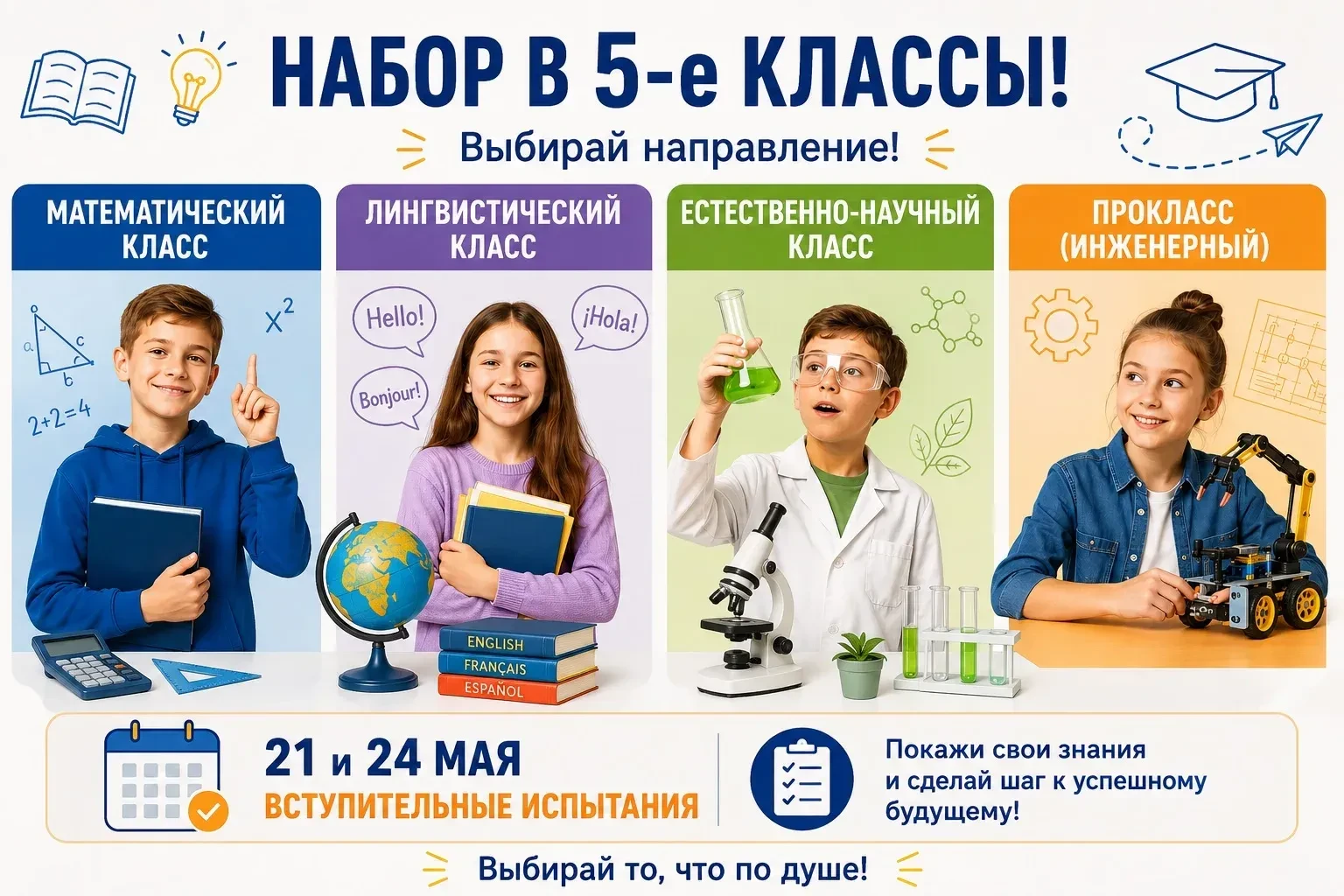 📚 Приглашаем будущих пятиклассников!  В нашей школе открыт набор в 5-е классы с углублённым изучение