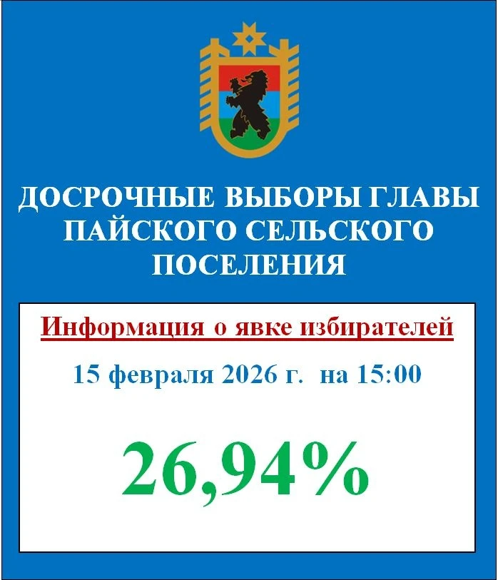 🗳 Явка избирателей на досрочных выборах Главы Пайского сельского поселения  по состоянию на 15:00 15