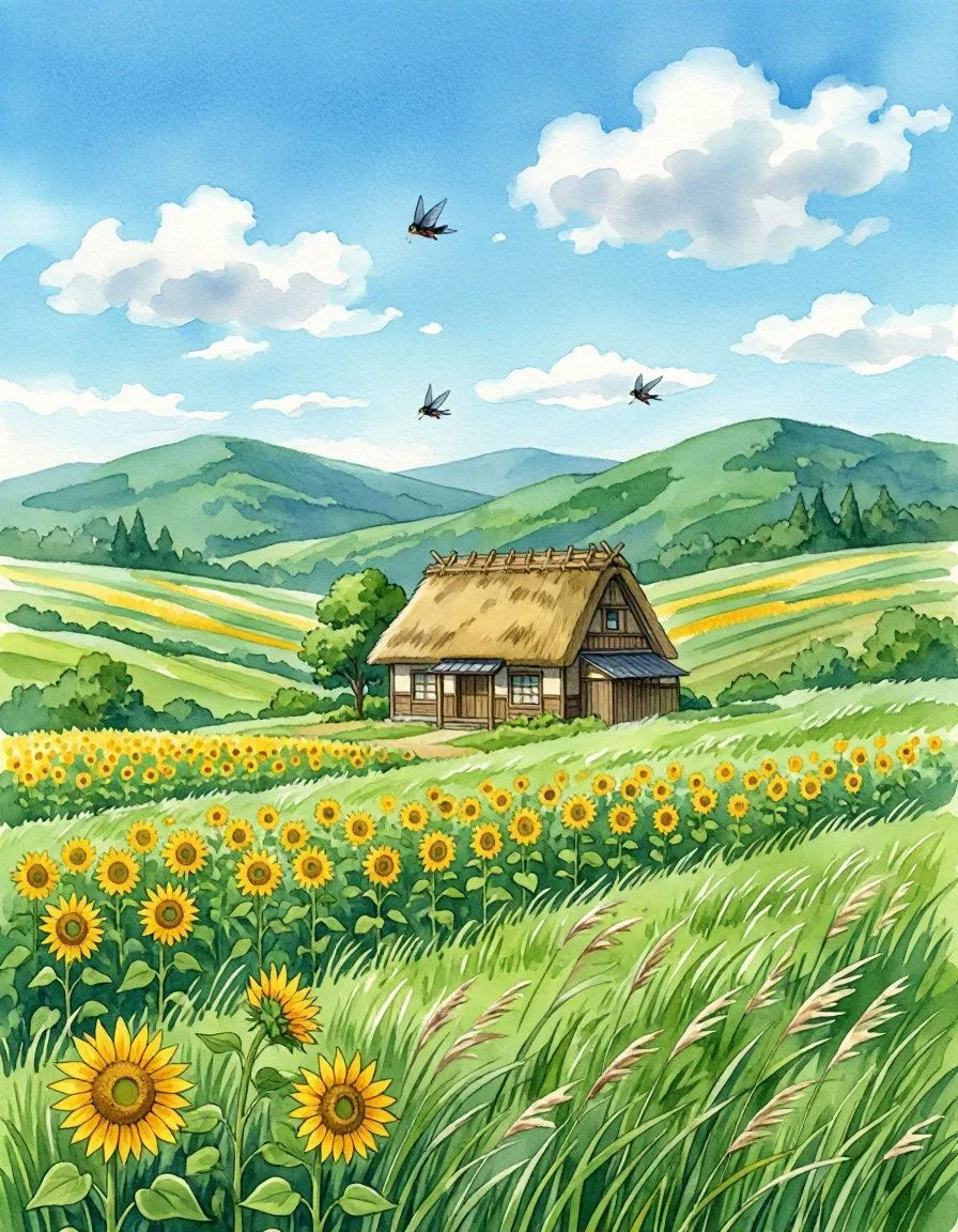 Studio Ghibli inspired summer scenery, rolling green hills, a small traditional Japanese house, sunf