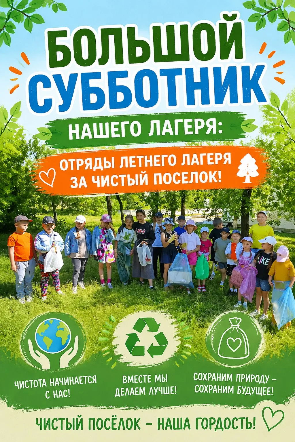 🌳 Большой субботник нашего лагеря: отряды 1, 2 и 3 за чистый поселок! 🌳