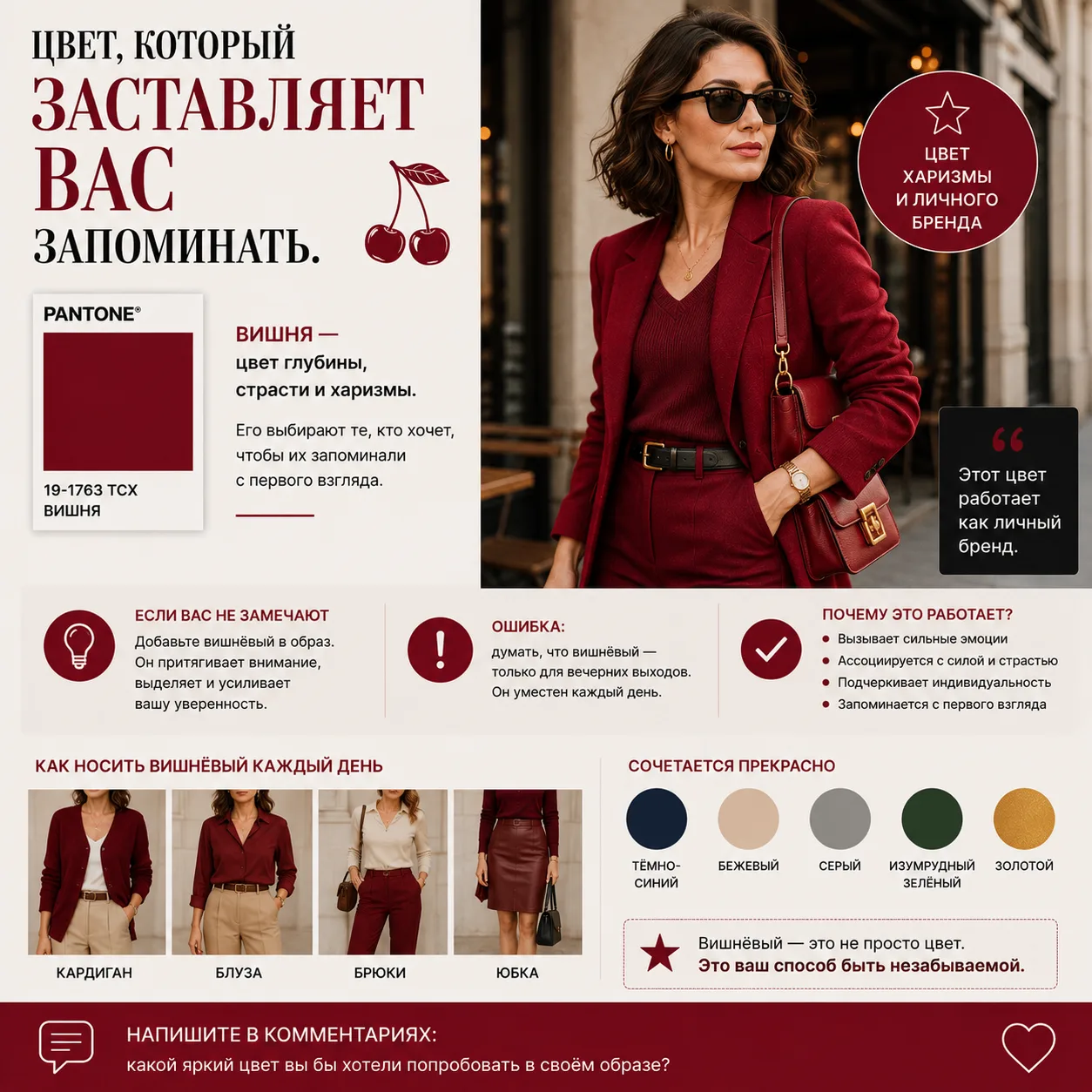 Цвет, который заставляет вас запоминать. 🍒 ЦВЕТ: PANTONE 19-1763 (ВИШНЯ)