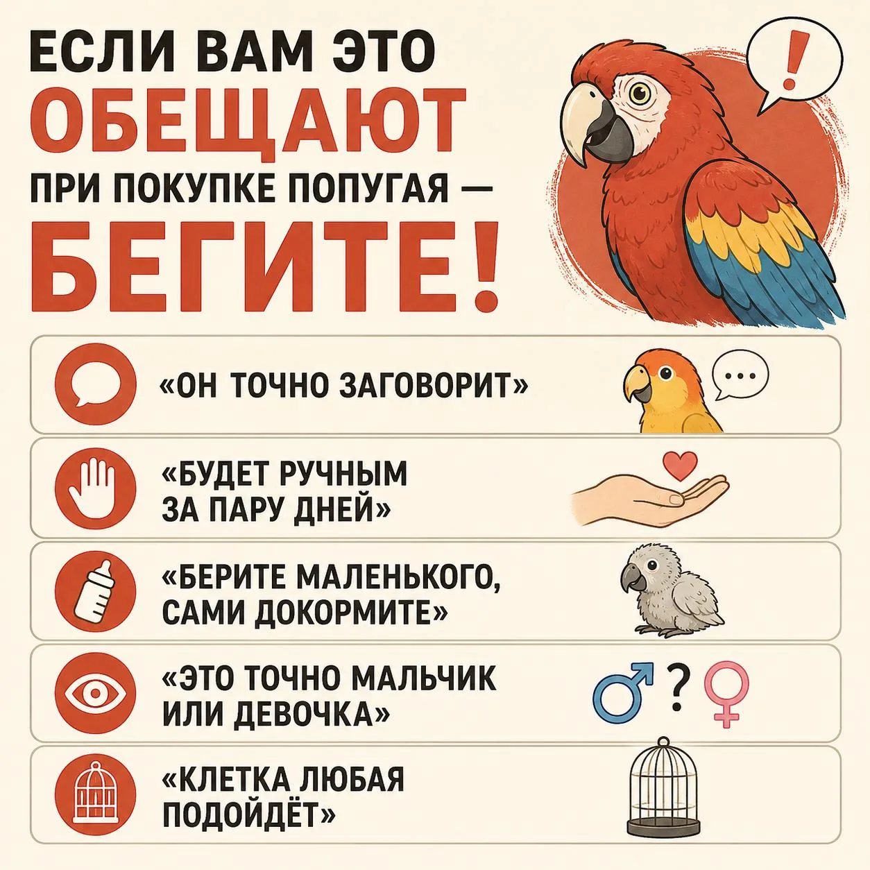 🐦 Покупаете попугая? Вот фразы, после которых лучше сразу насторожиться.

«Он точно заговорит», «бу