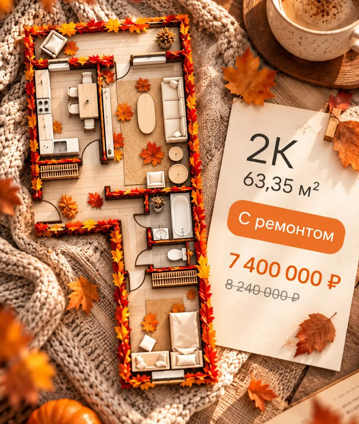 Готовая 2-комнатная квартира 63,35 м² с ремонтом