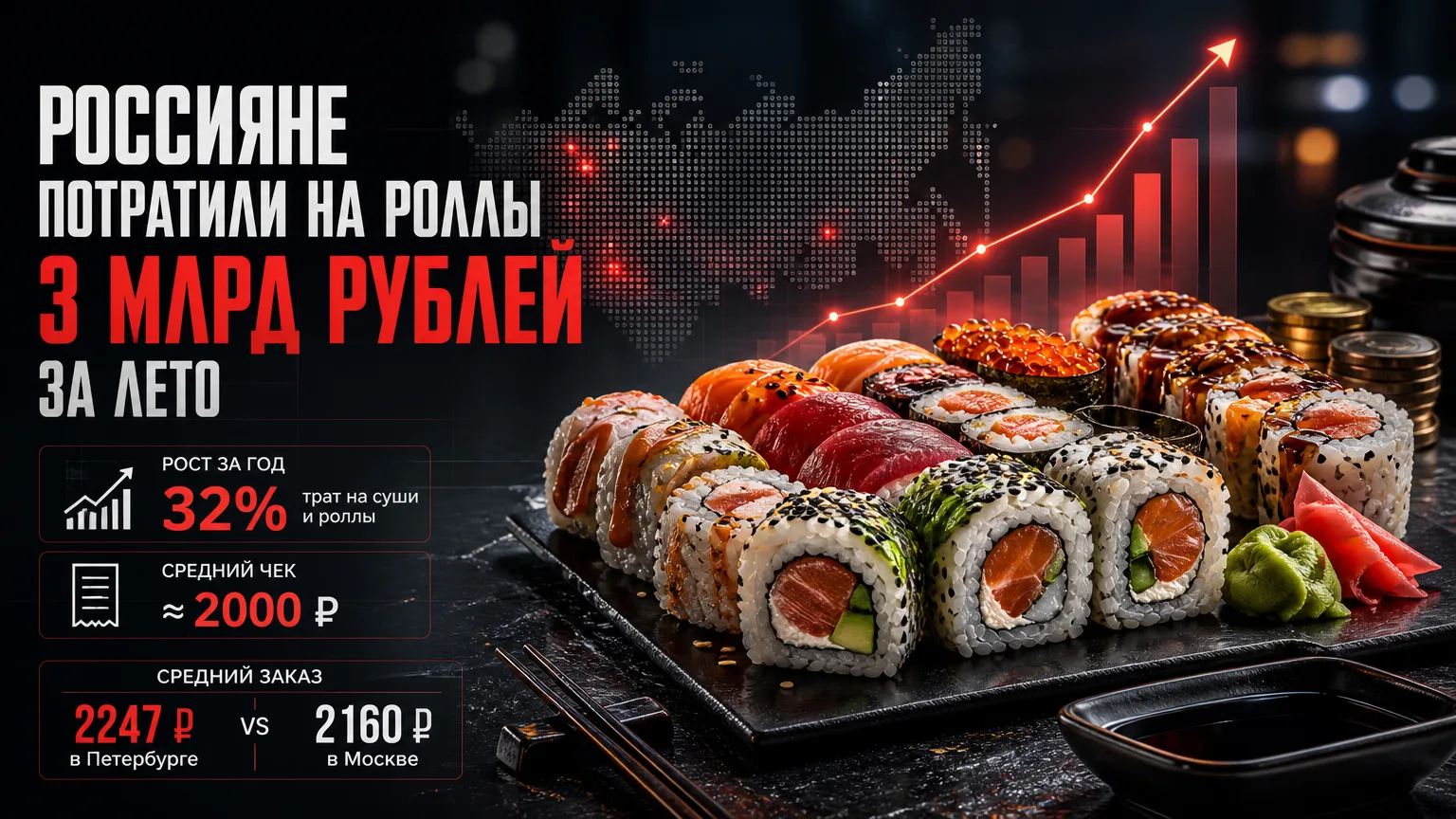 🍣 Россияне потратили на роллы 3 млрд рублей за лето