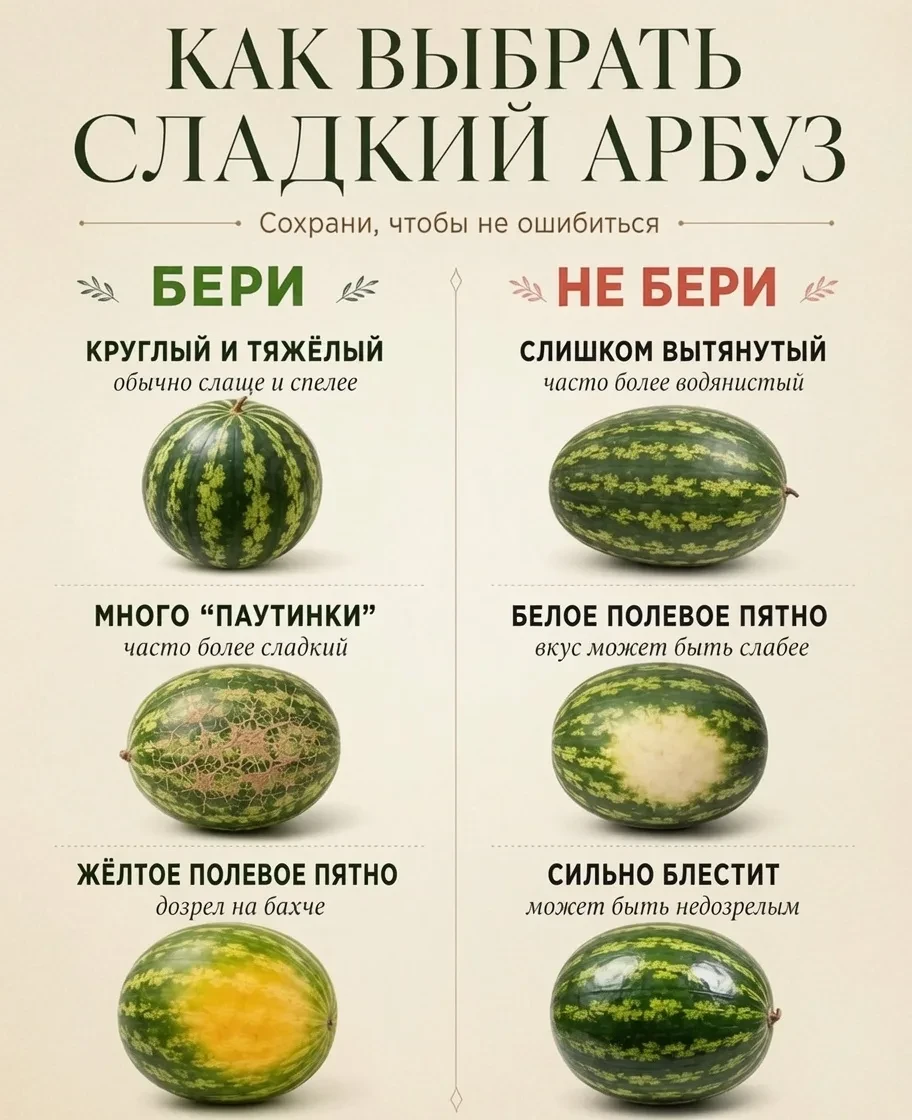 Как выбрать сладкий арбуз и не разочароваться? 🍉

Запомните несколько простых ориентиров 👇

• Арбу