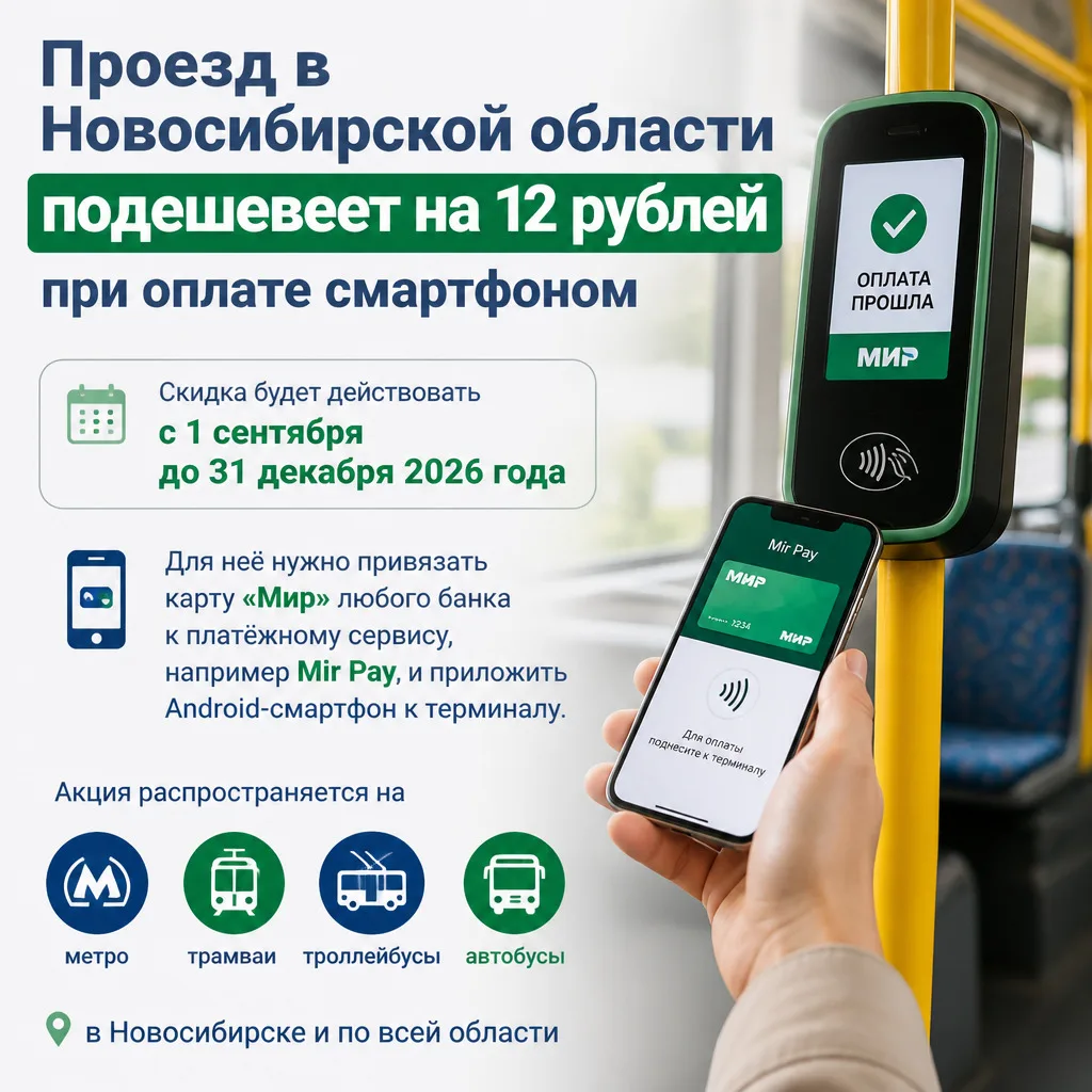 📱 Проезд в Новосибирской области подешевеет на 12 рублей при оплате смартфоном