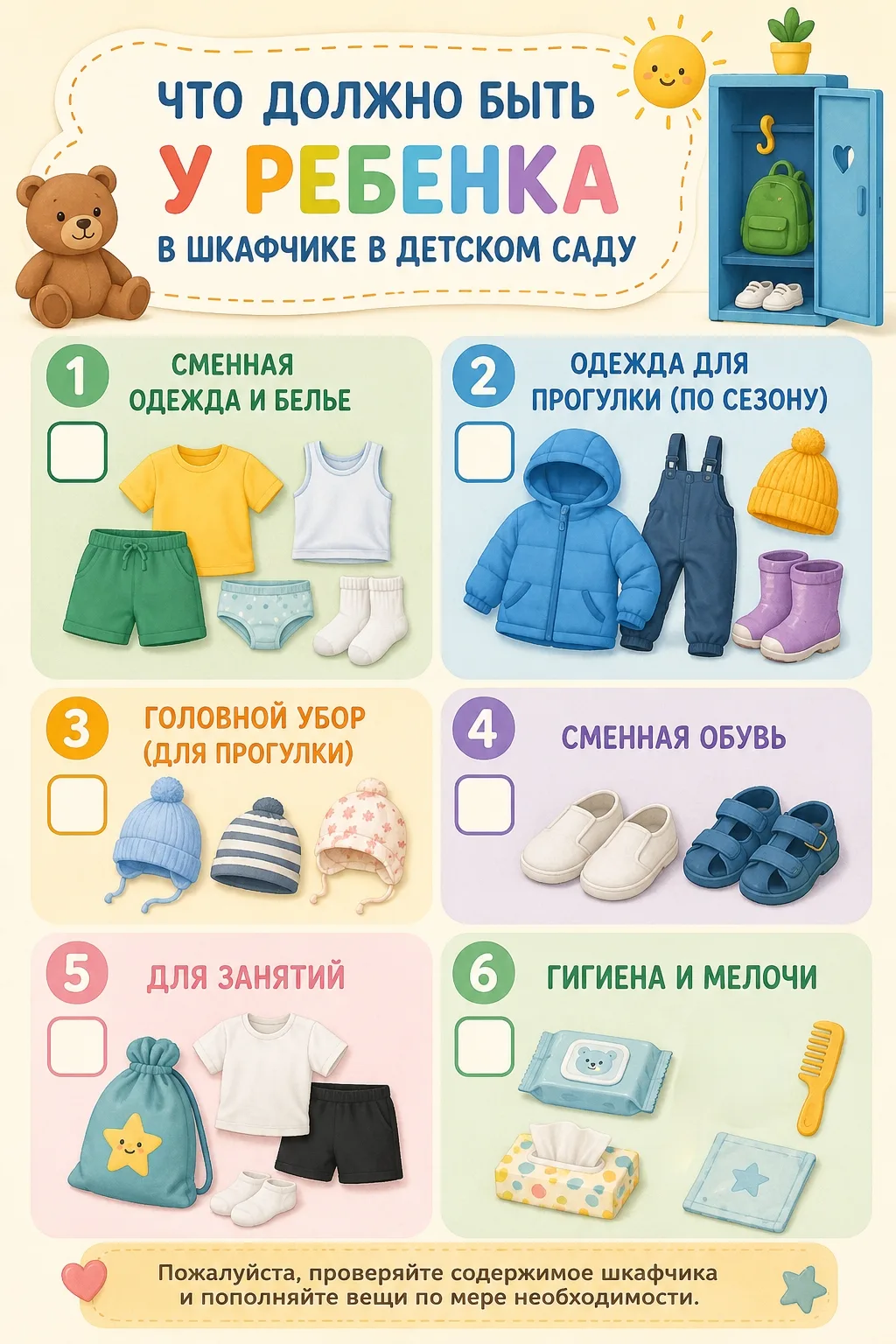 ❗Что должно быть в шкафчике у ребёнка ❗
1. Сменная одежда и бельё
Несколько комплектов на случай, ес