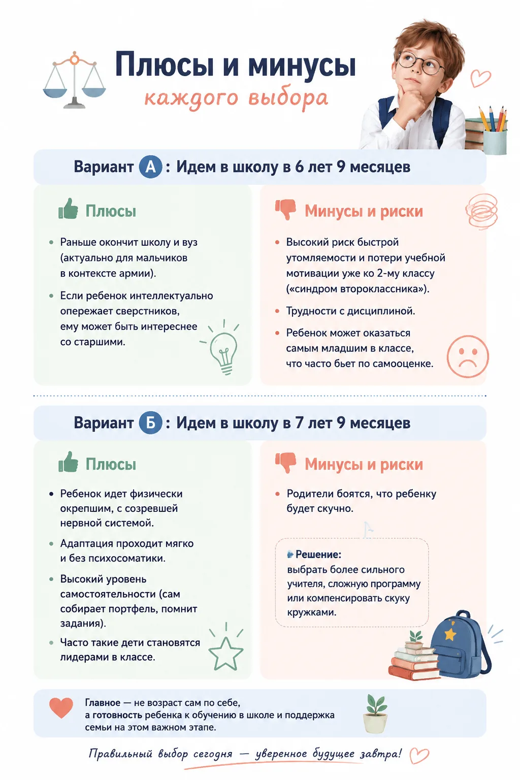 ⚖️ Плюсы и минусы каждого выбора

Вариант А: Идем в школу в 6 лет 9 месяцев

• 👍 Плюсы: Раньше окон