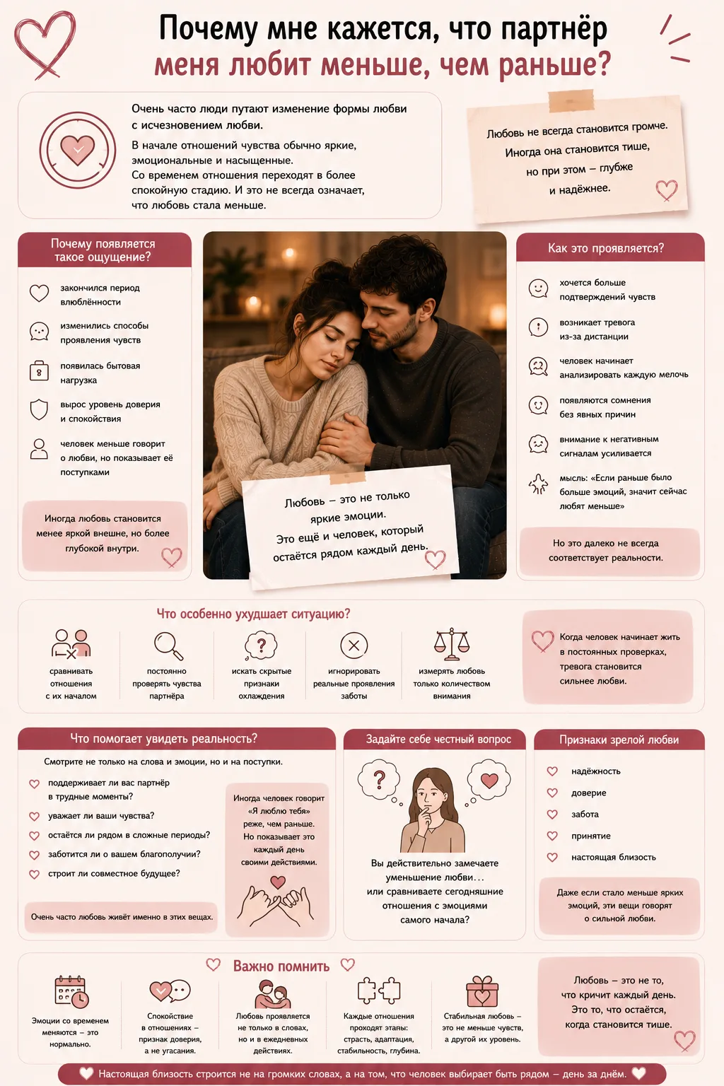 ❓ Вопрос подписчика
«Почему мне кажется, что партнёр меня любит меньше, чем раньше?
Раньше было боль