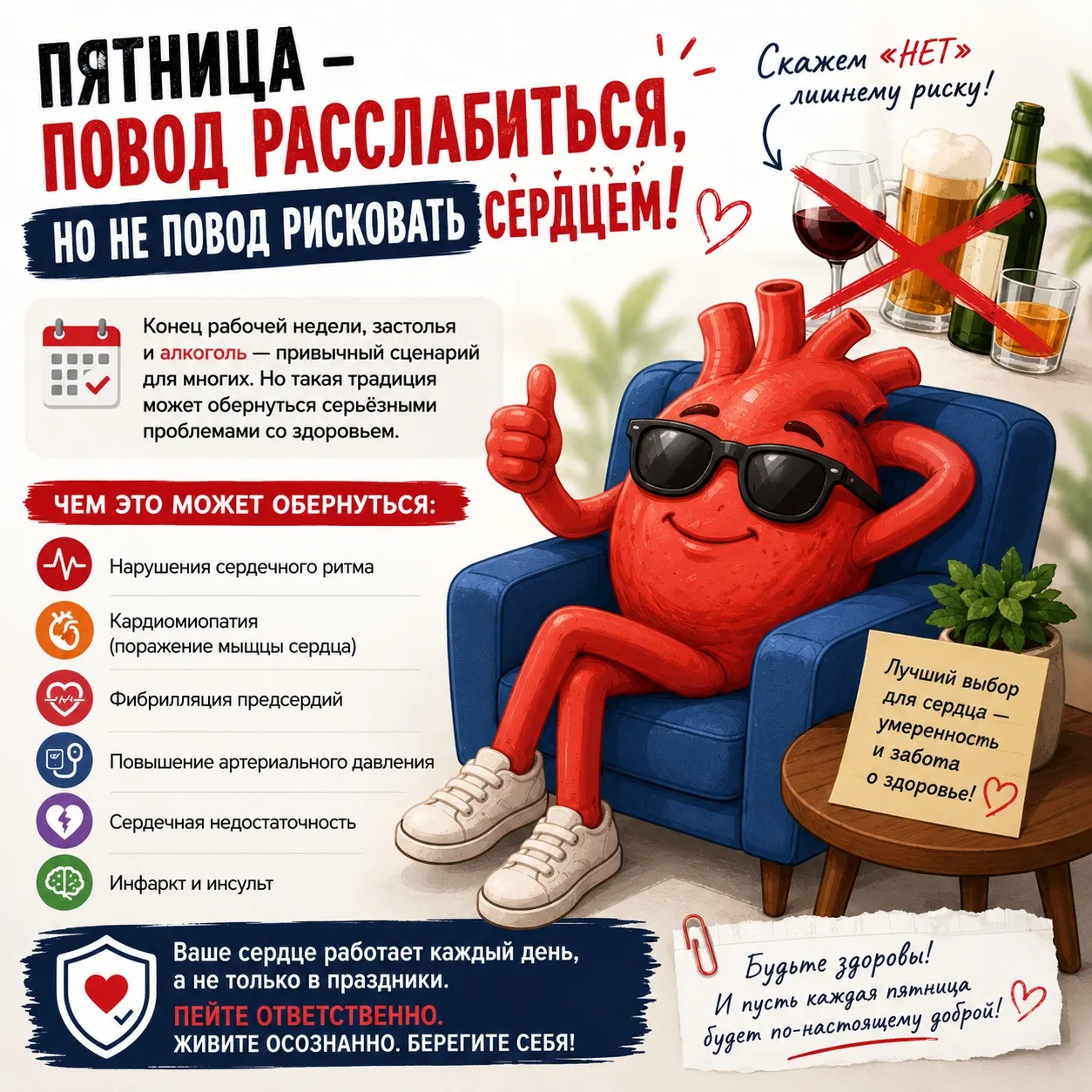 Пятница — повод расслабиться. Но не повод рисковать сердцем ❤️

Конец рабочей недели часто ассоцииру
