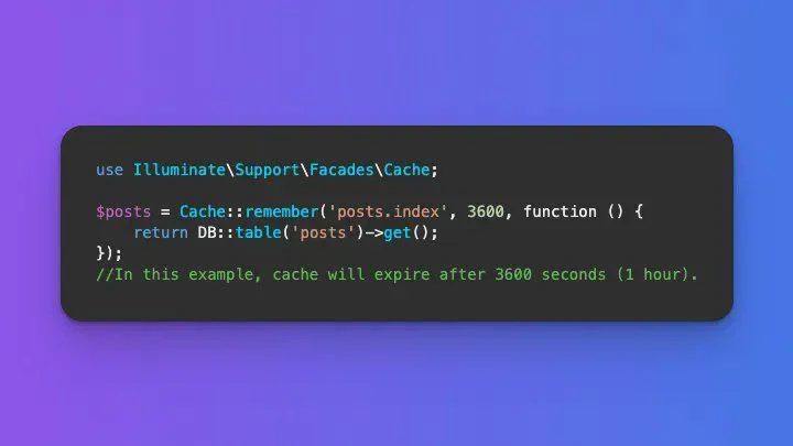 💡 Совет по Laravel

Не позволяй запросам к базе данных замедлять работу. Используй фасад Cache в La