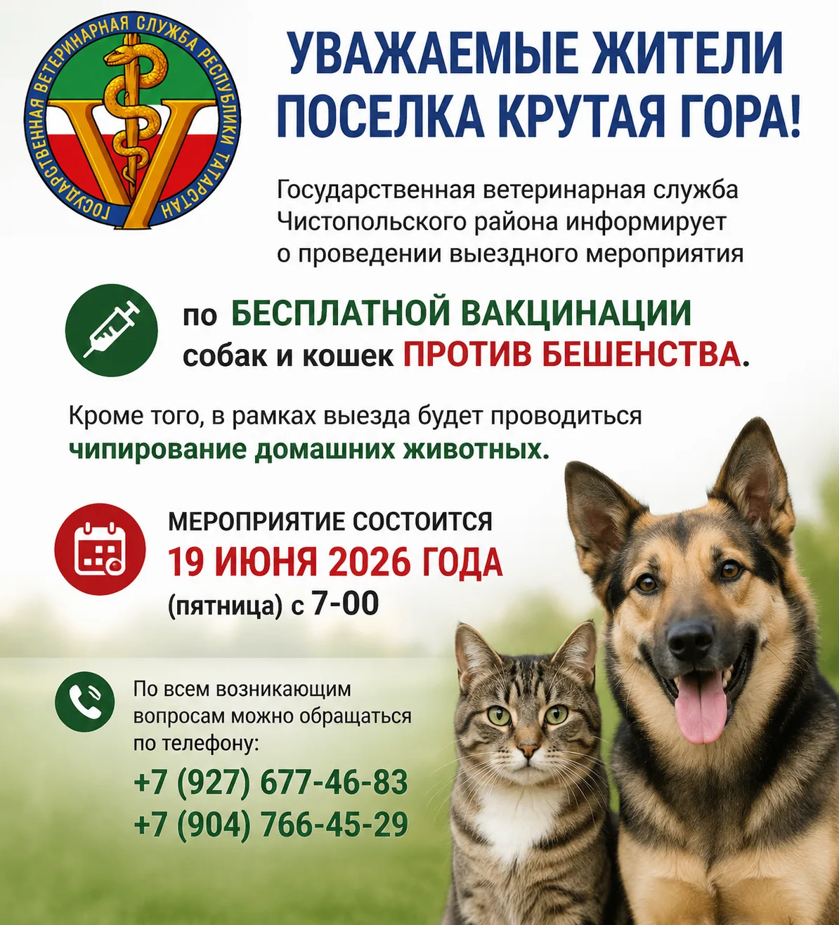 Внимание жители поселка Крутая гора!
Государственное ветеринарное объединение Чистопольского района 