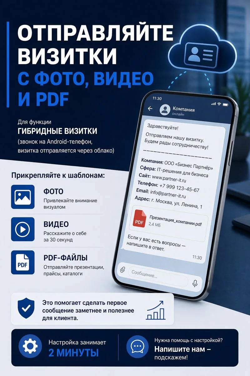 Больше откликов, если к визитке прикрепить фото, видео или PDF