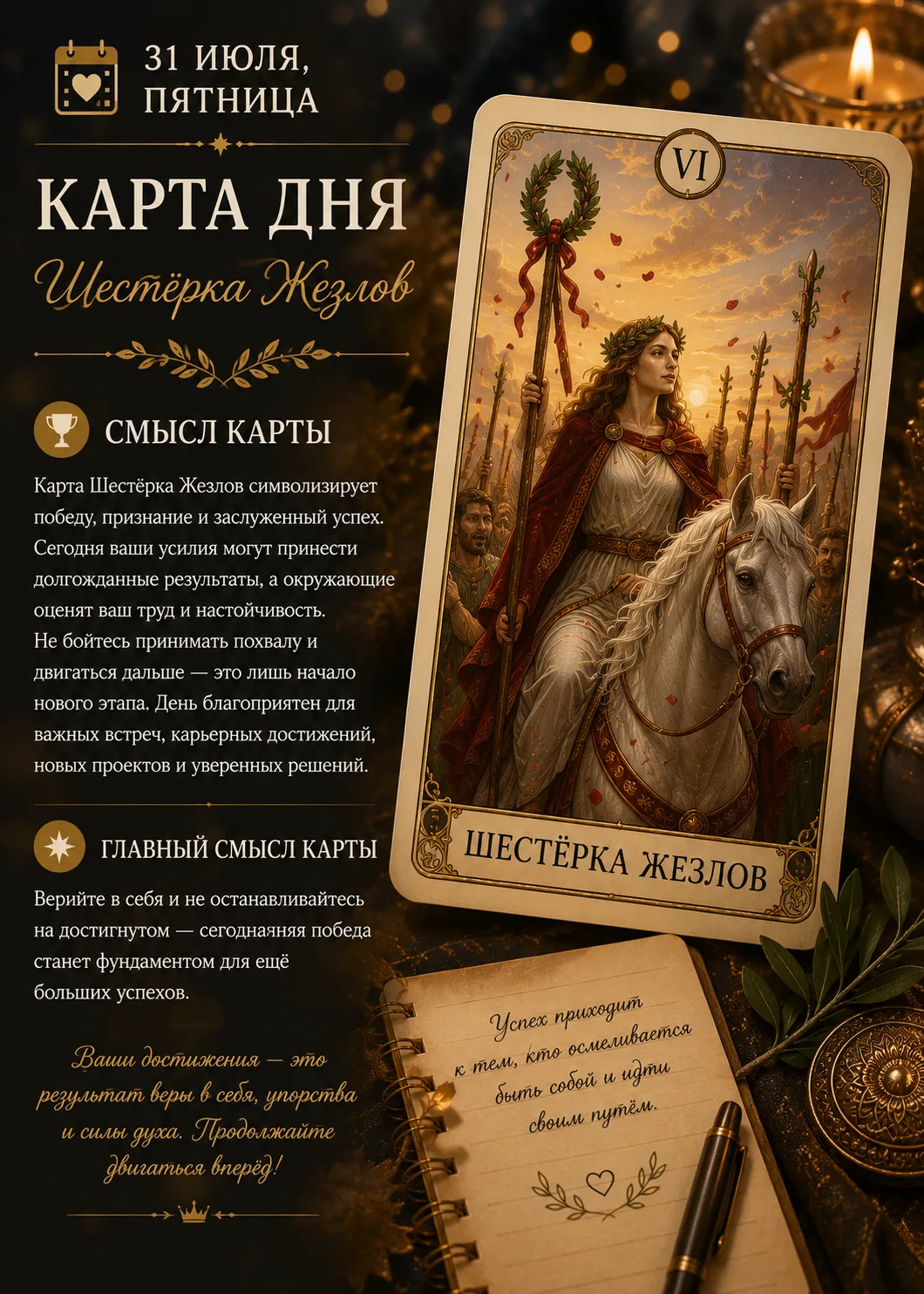 📅 31 июля, пятница — карта дня: Шестёрка Жезлов 🏆

🔮 Смысл карты

Карта Шестёрка Жезлов символизи