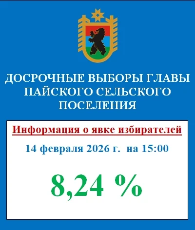 🗳 Явка избирателей на досрочных выборах Главы Пайского сельского поселения  по состоянию на 15:00 14