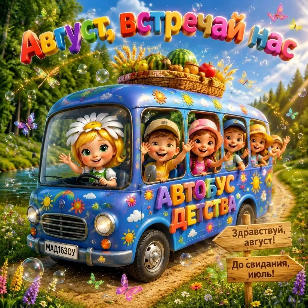 🚌 Лето мчится вперёд, будто тот самый автобус: на крыше — корзины с дарами лета, внутри — куча исто