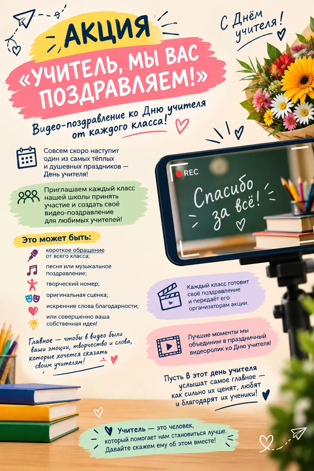 🎬💐 АКЦИЯ «УЧИТЕЛЬ, МЫ ВАС ПОЗДРАВЛЯЕМ!»