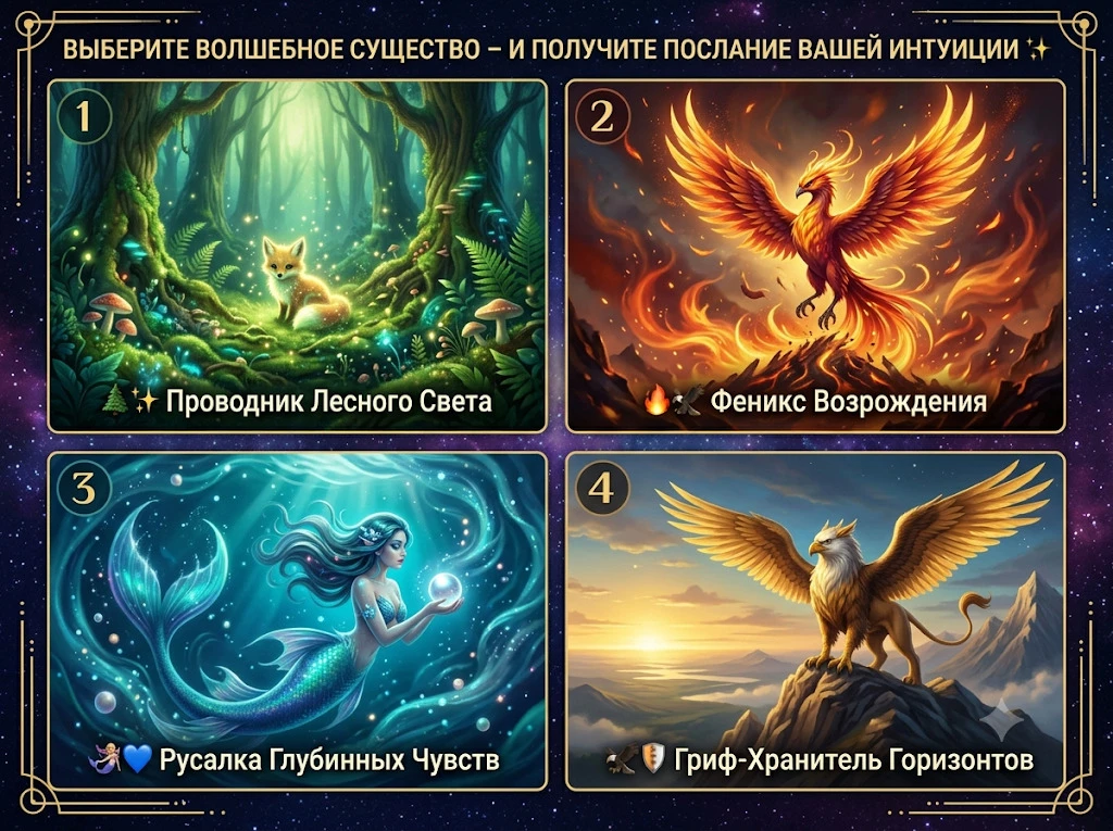 ВЫБЕРИТЕ ВОЛШЕБНОЕ СУЩЕСТВО – И ПОЛУЧИТЕ ПОСЛАНИЕ ВАШЕЙ ИНТУИЦИИ ✨