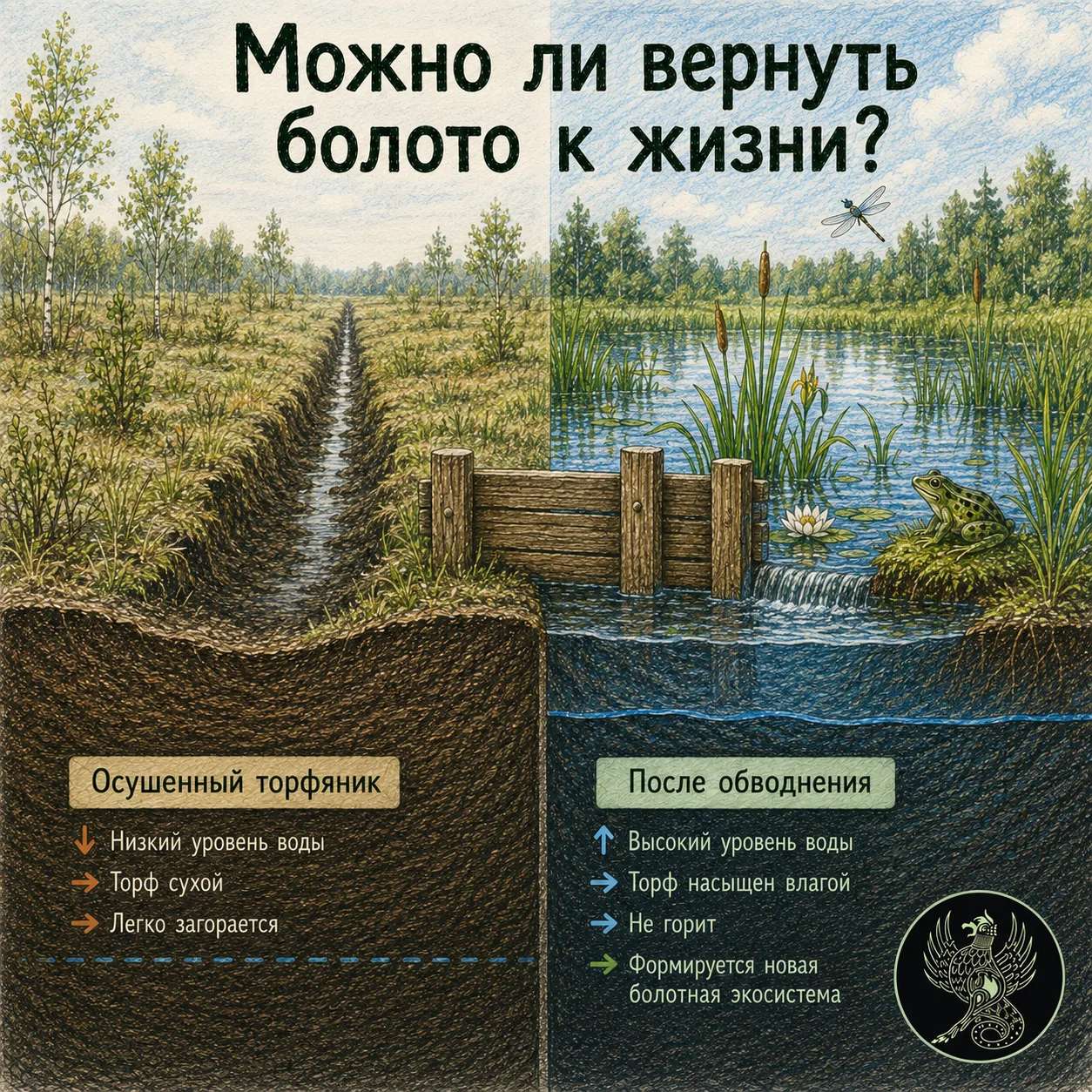 Можно ли вернуть болото к жизни?
 
Торф — горючее полезное ископаемое, которое образуется прямо в бо