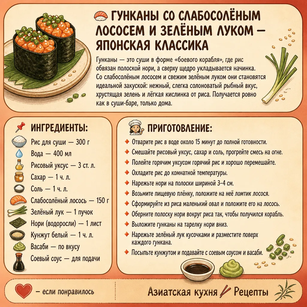 🍣 ГУНКАНЫ СО СЛАБОСОЛЁНЫМ ЛОСОСЕМ И ЗЕЛЁНЫМ ЛУКОМ — ЯПОНСКАЯ КЛАССИКА