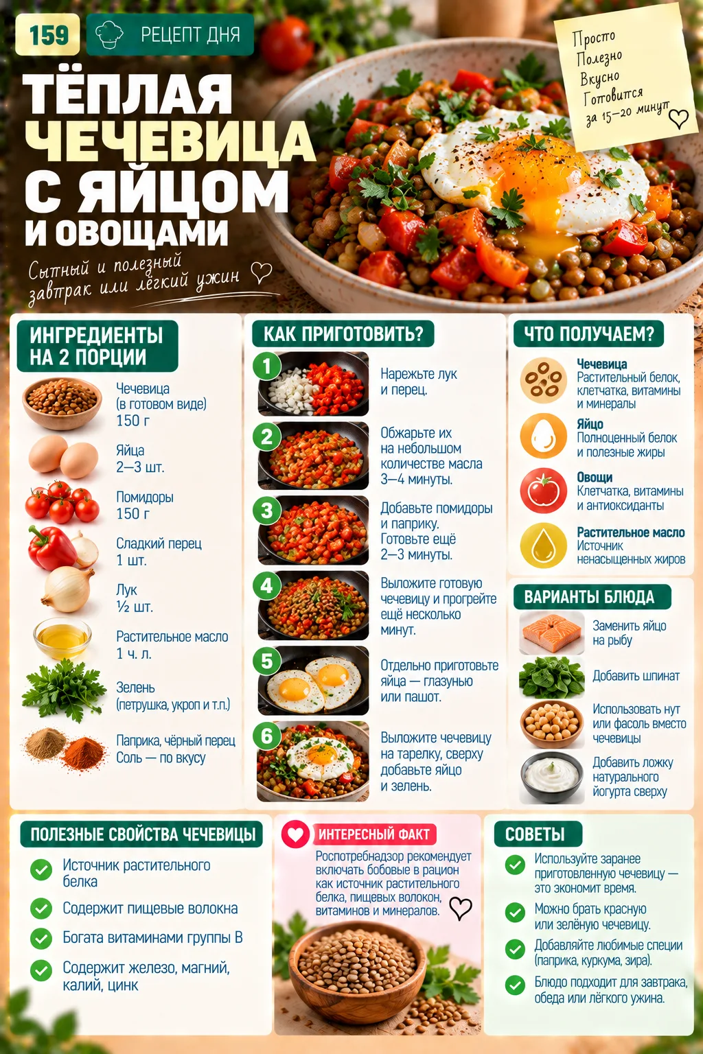 🍳ТЁПЛАЯ ЧЕЧЕВИЦА С ЯЙЦОМ И ОВОЩАМИ