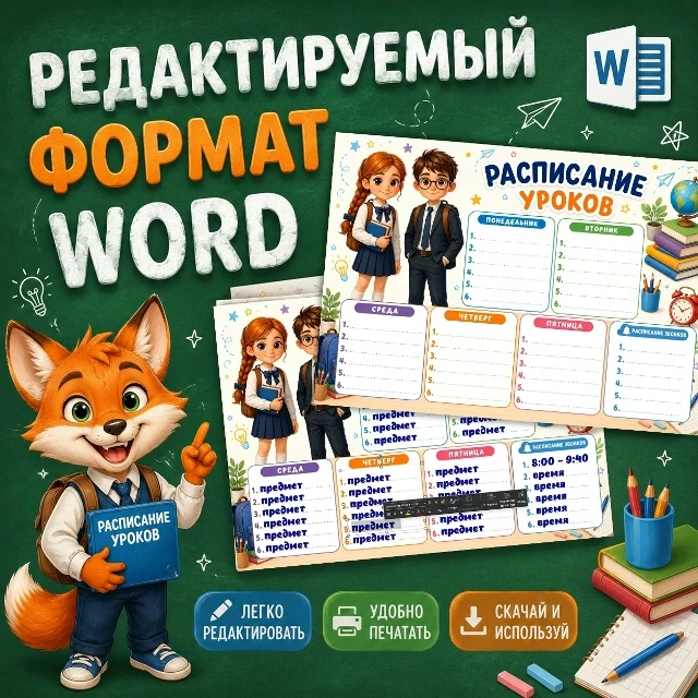 Редактируемое расписание уроков в классный уголок

Сделано в Word, что позволяет в любое время менят
