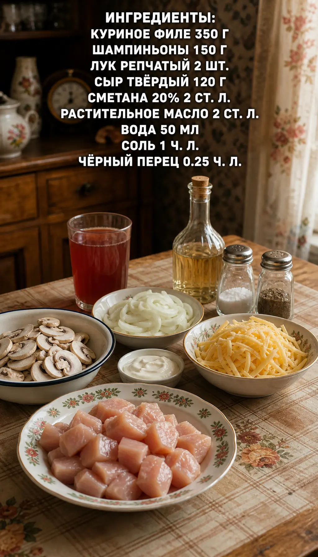 Курица с грибами и сыром
как у бабушки на кухне

Ингредиенты:
Куриное филе — 350 г
Шампиньоны — 150 