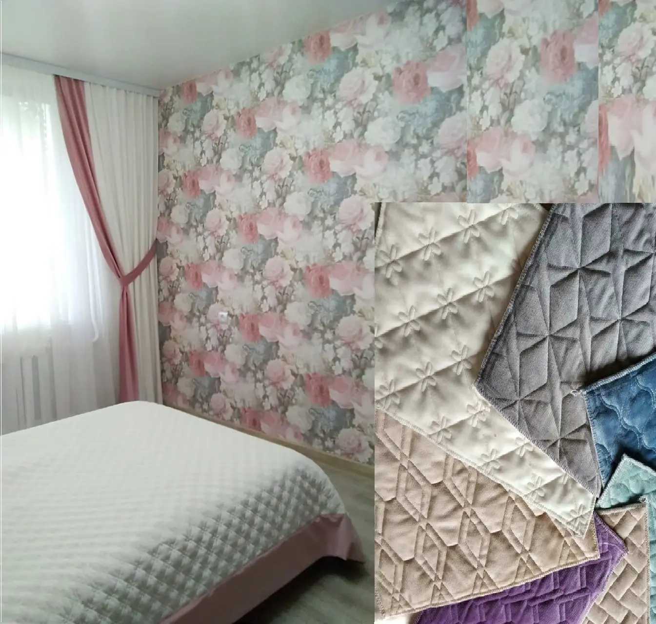 В продаже стёганое полотно шириной 2,8м, выбор по каталогам, под заказ.
