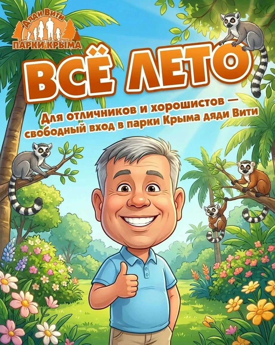📢 Для отличников и хорошистов — бесплатный вход во ВСЕ парки Крыма дяди Вити! 
В преддверии Дня Рос