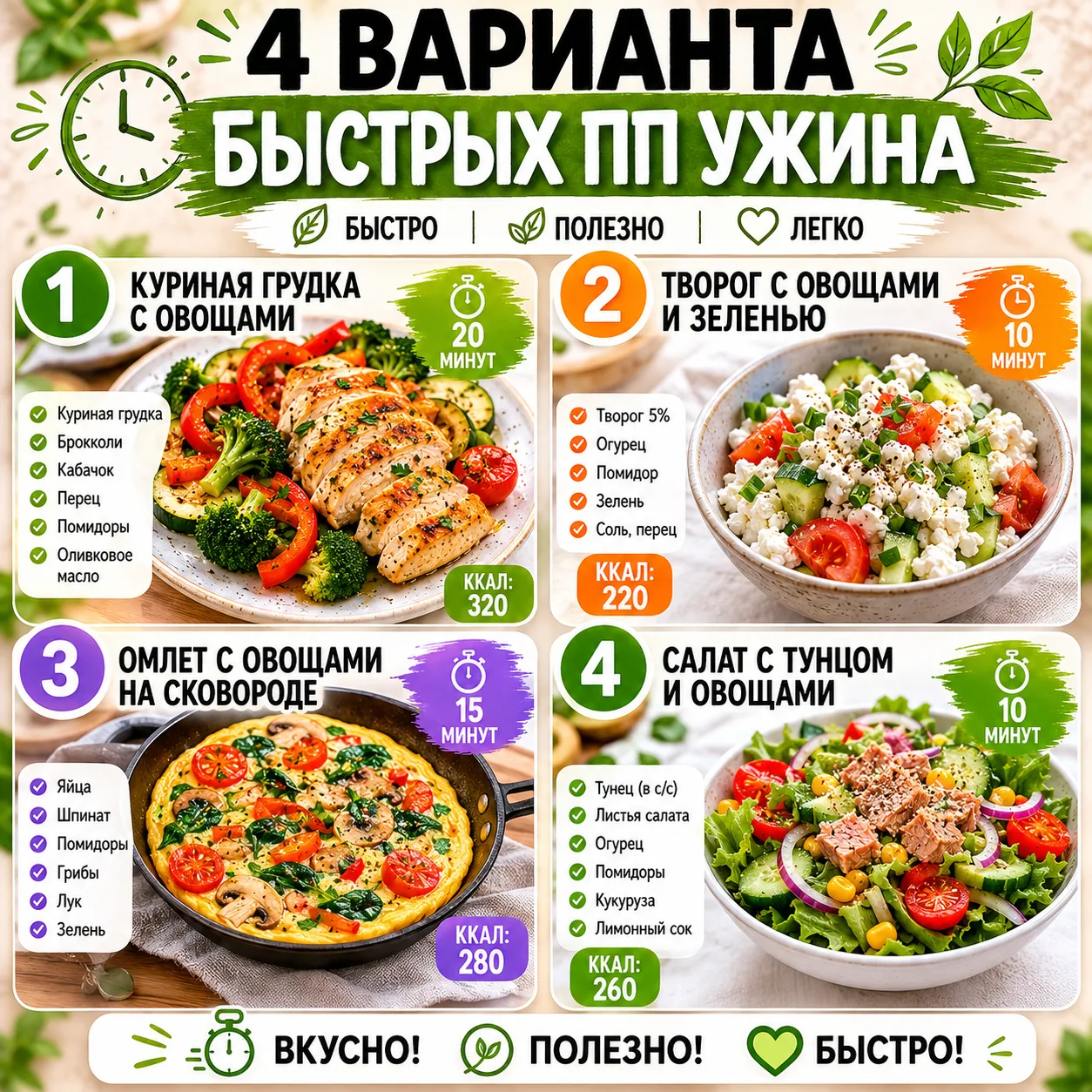4 варианта вкусных и низкокалорийных ужина на пп