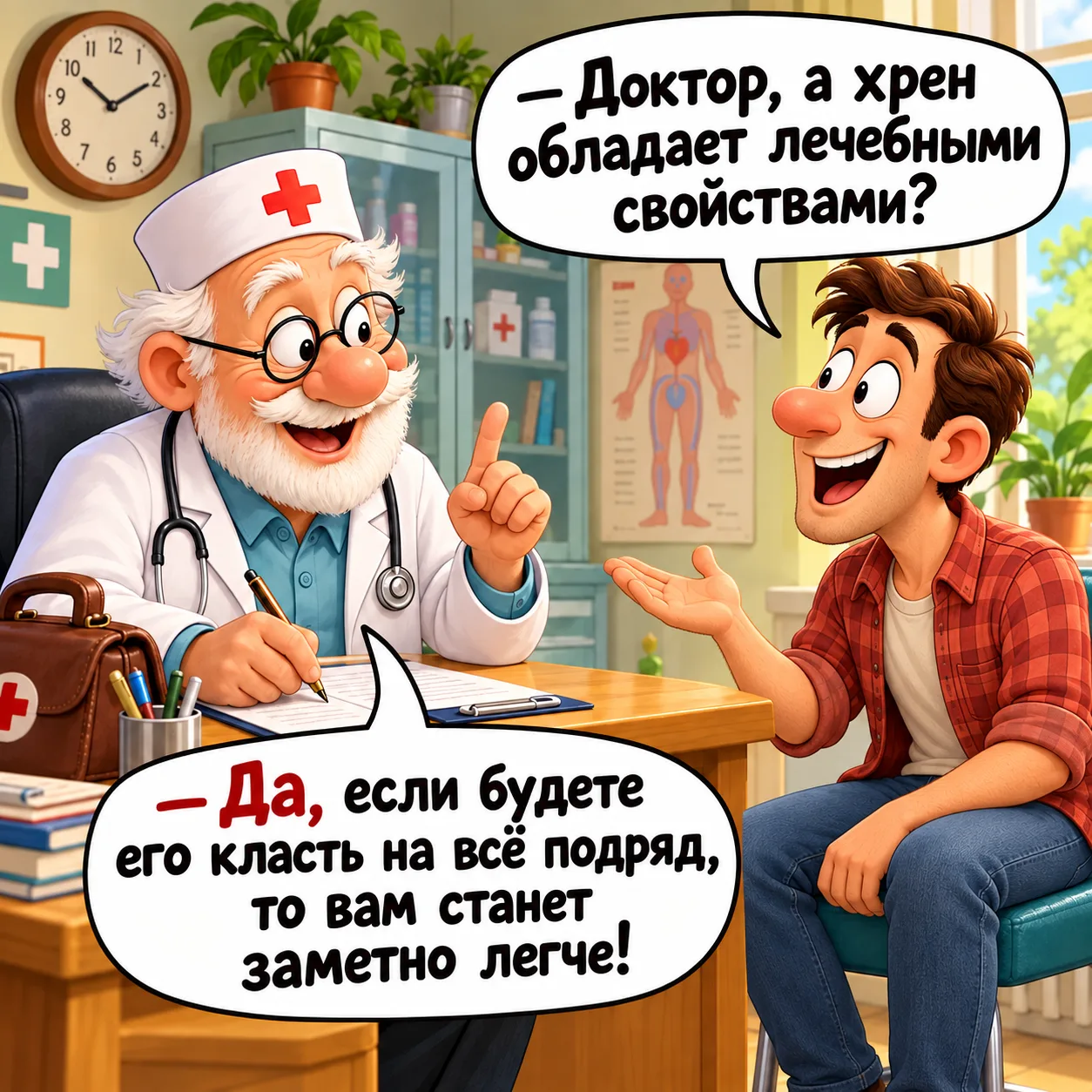 — Доктор, а хрен обладает лечебными свойствами?