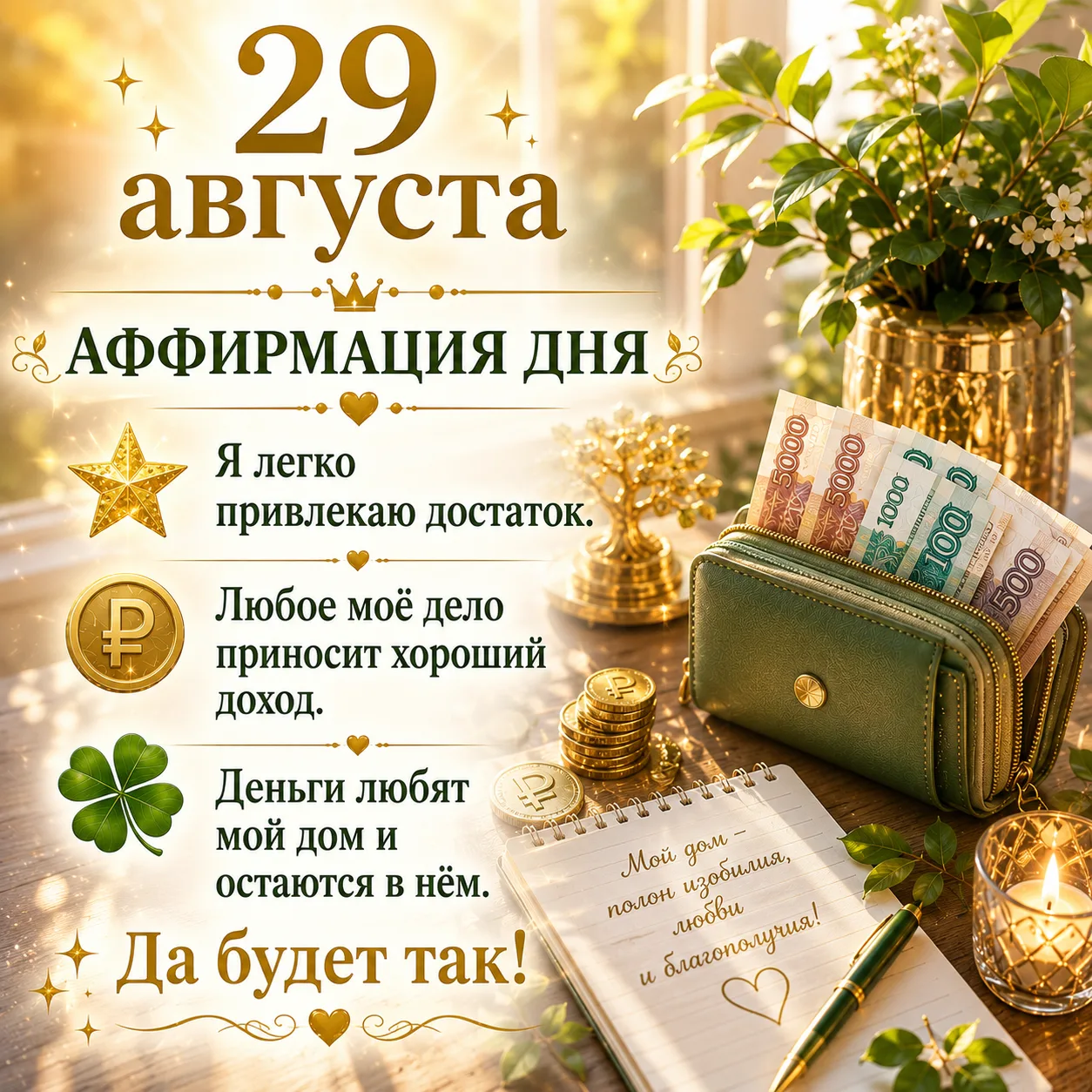 🌿 Перед выходом из дома коснитесь кошелька и скажите: «Достаток всегда идёт со мной».