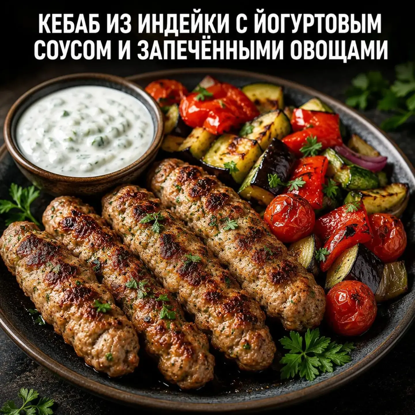 🥙 Кебаб из индейки с йогуртовым соусом и запечёнными овощами