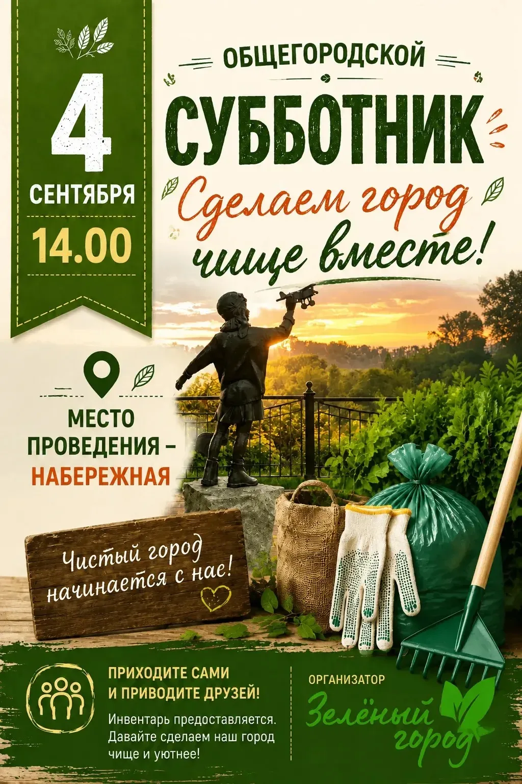 Завтра, в 14:00, стартует общегородской субботник сразу на двух площадках!