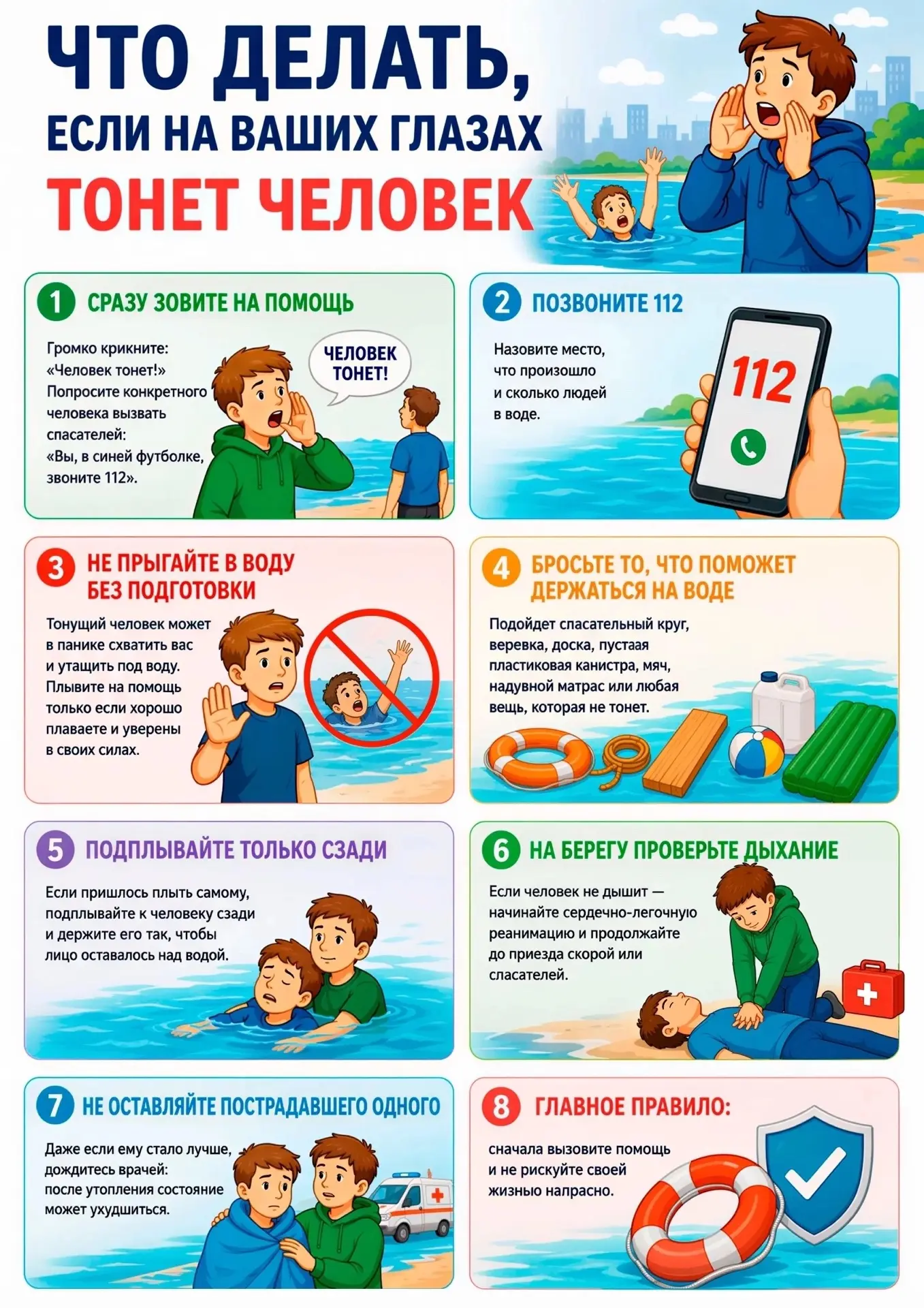 Важное напоминание 🌊

Если видите, что тонет человек:
✅ Громко зовите на помощь.
✅ Звоните 112.
✅ Б