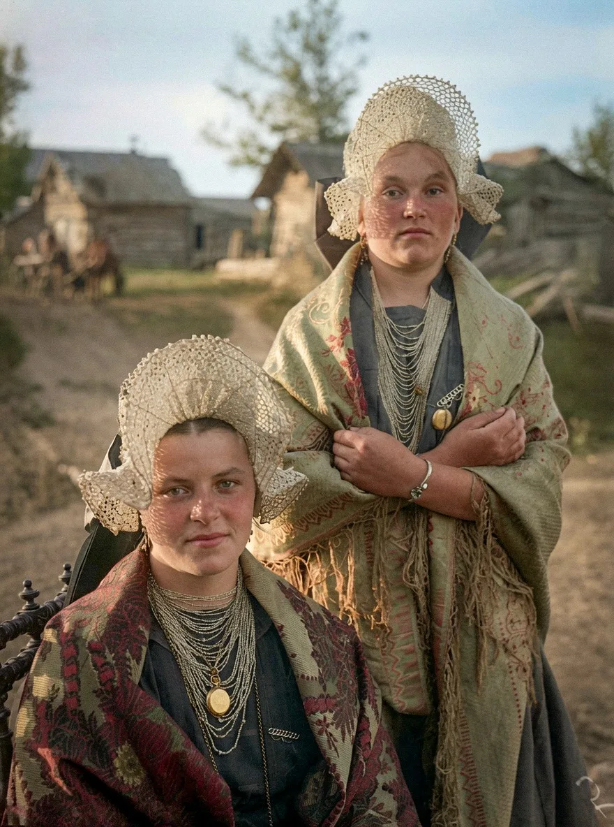 Две зажиточные 19-летние девушки в празднчиных старинных народных костюмах и жемчужных кокошниках на
