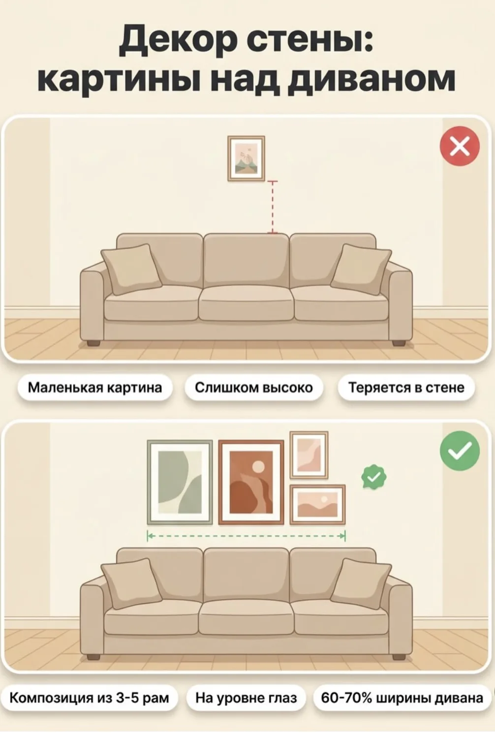 «Мелочи», которые играют роль в вашем интерьере

Картины над диваном

· ❌ Одна маленькая картина — т