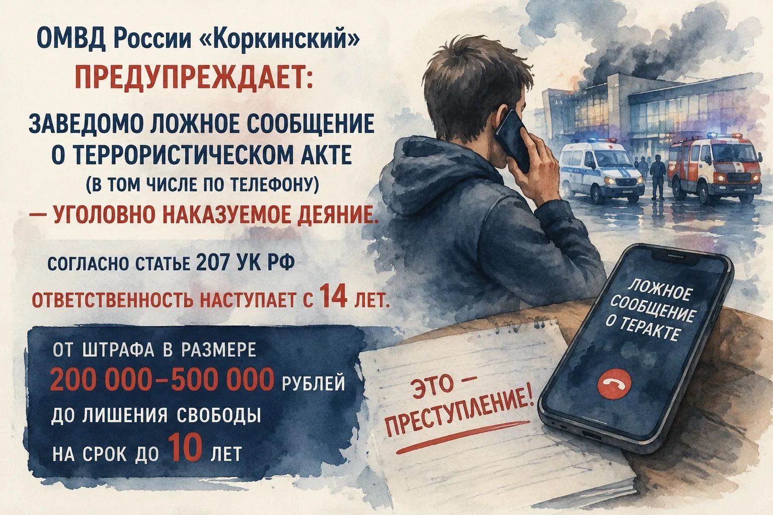 ОМВД России «Коркинский» предупреждает: заведомо ложное сообщение о террористическом акте (в том чис