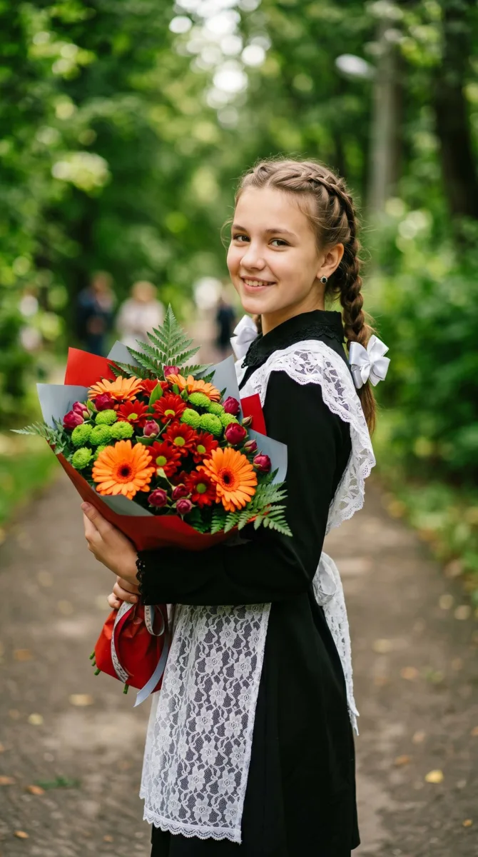 Девушка-подросток стоит на улице, в профиль, голова повернута через плечо к камере, смотрит прямо в 