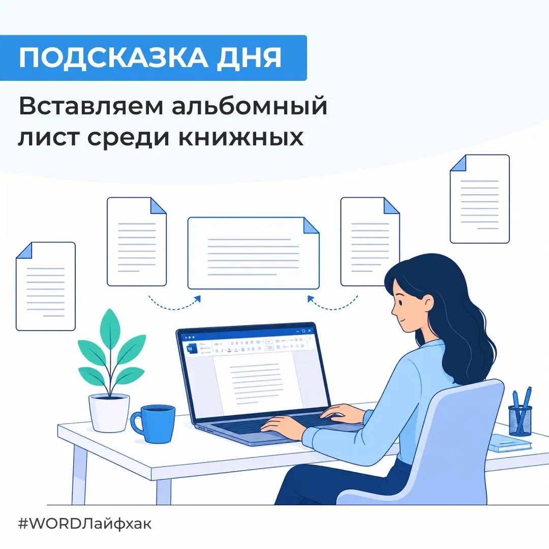 Делимся решением, чтобы вставить в WORD альбомный лист среди книжных.  Выделите текст, который долже
