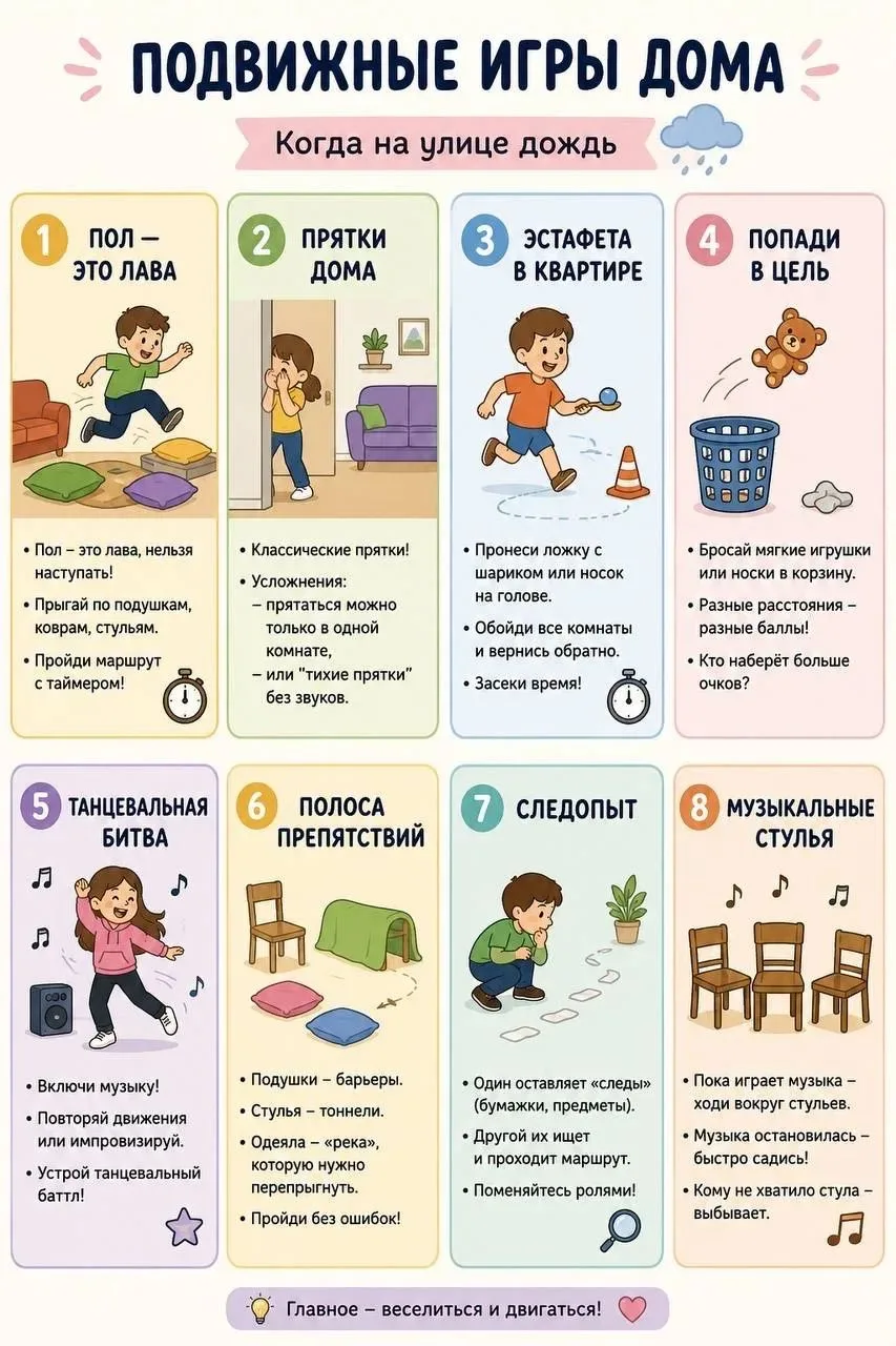 🏠 Подвижные игры дома, когда нельзя выйти на улицу:

🏃‍♂️ Пол — это лава

Пол = “лава”, нельзя нас