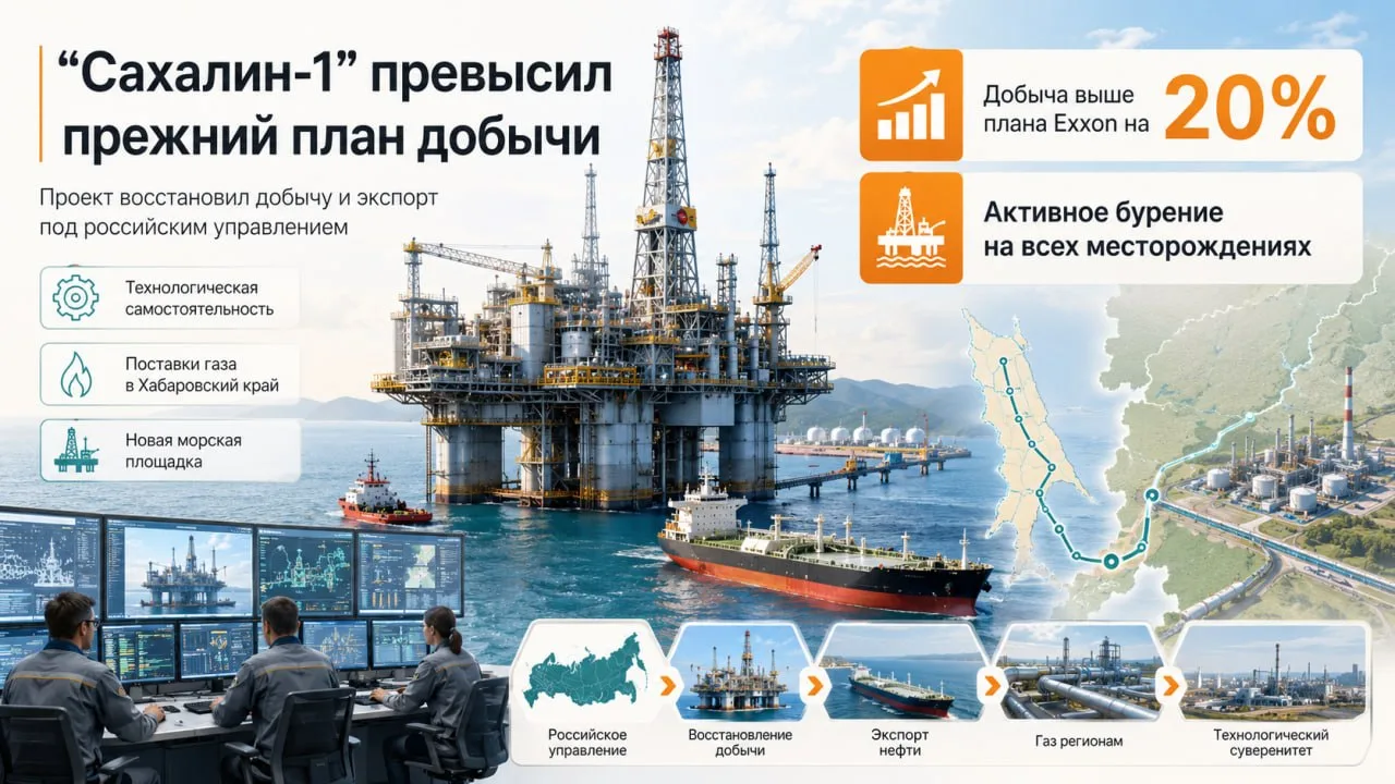 Добыча на проекте «Сахалин-1» превысила план бывшего оператора Exxon на 20%. После ухода иностранног