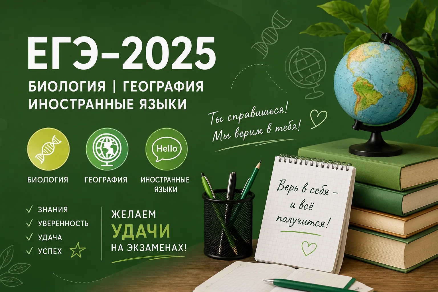 🌍🧬 Сегодня наши одиннадцатиклассники сдают ЕГЭ по биологии, географии и иностранным языкам!

Кажды
