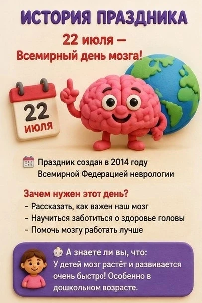 🧠 22 ИЮЛЯ — ВСЕМИРНЫЙ ДЕНЬ МОЗГА! 🌟

Дорогие родители и ребята! Сегодня особенный день — день само
