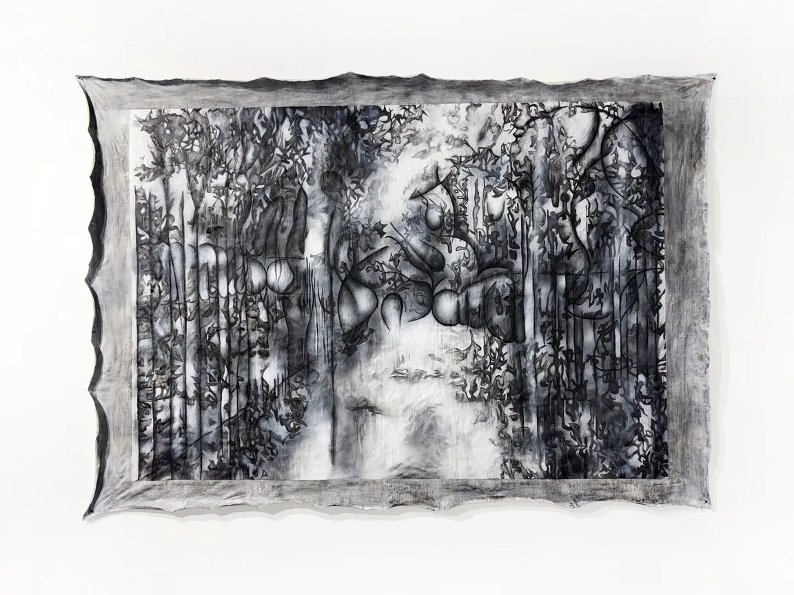 Елена Власова, landscape’1, 2025
лен, смешанная техника: 
аэрозольная краска, тушь, сухая пастель,