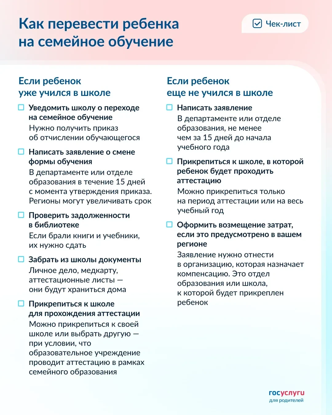 📚  Чек-лист для перевода школьника на семейное обучение