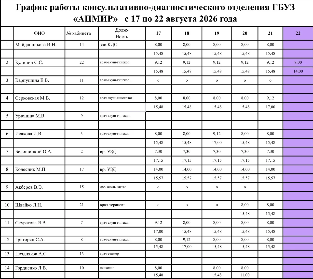 График работы ЖК с 17 по 22 августа 2026 года